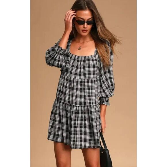 Lulus Black & White Plaid Babydoll Dress Medium - Picture 7 of 7